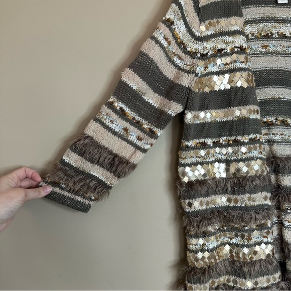 Chicos Women L $129 Embellished Wool Sweater Greta Cardigan Fringe Gold Sequin - Picture 7 of 14